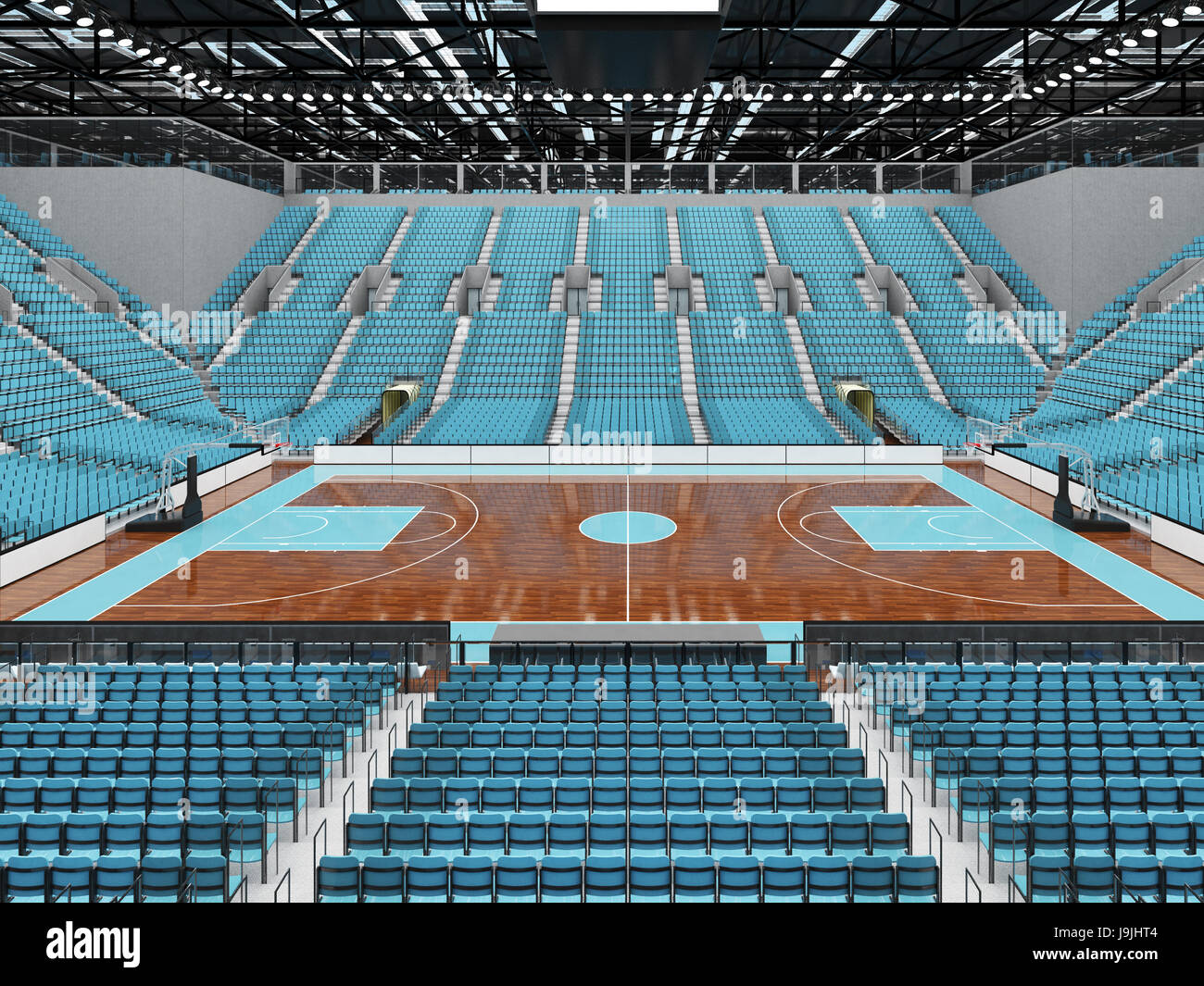 Beautiful sports arena for basketball with sky blue seats and VIP boxes ...