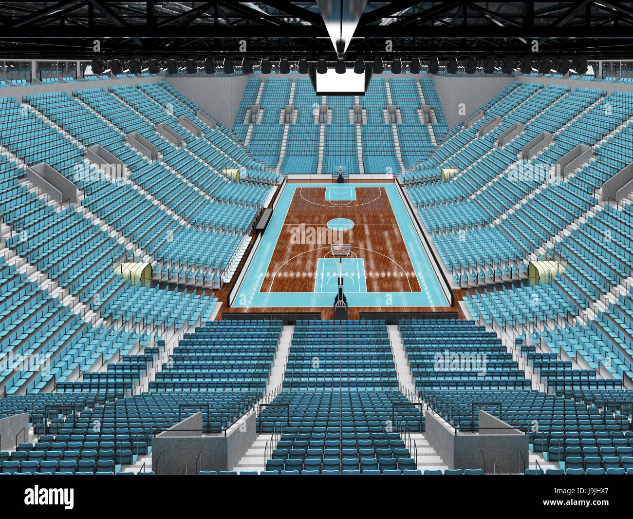 Beautiful sports arena for basketball with sky blue seats and VIP boxes ...