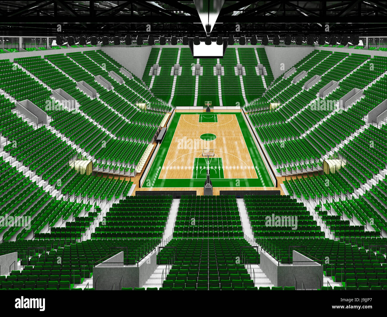 Beautiful sports arena for basketball with green seats and VIP boxes ...