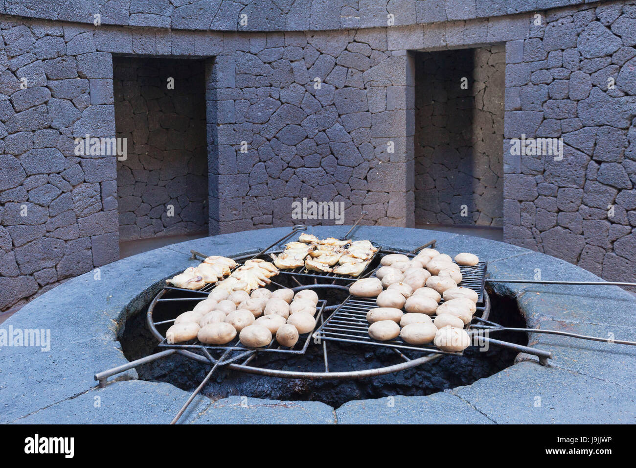 Volcano grill of the restaurant El Diablo, visitor centre of Islote de  Hilario, national park Timanfaya, Lanzarote, Canary islands, Spain Stock  Photo - Alamy