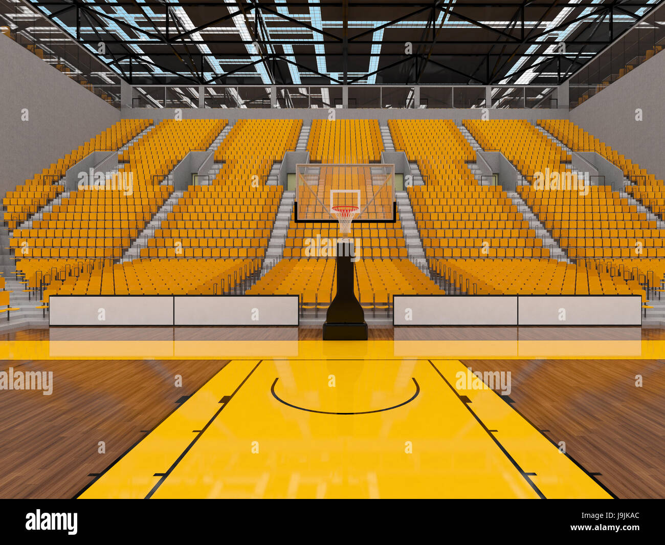 Beautiful sports arena for basketball with yellow seats and VIP boxes - 3d render Stock Photo