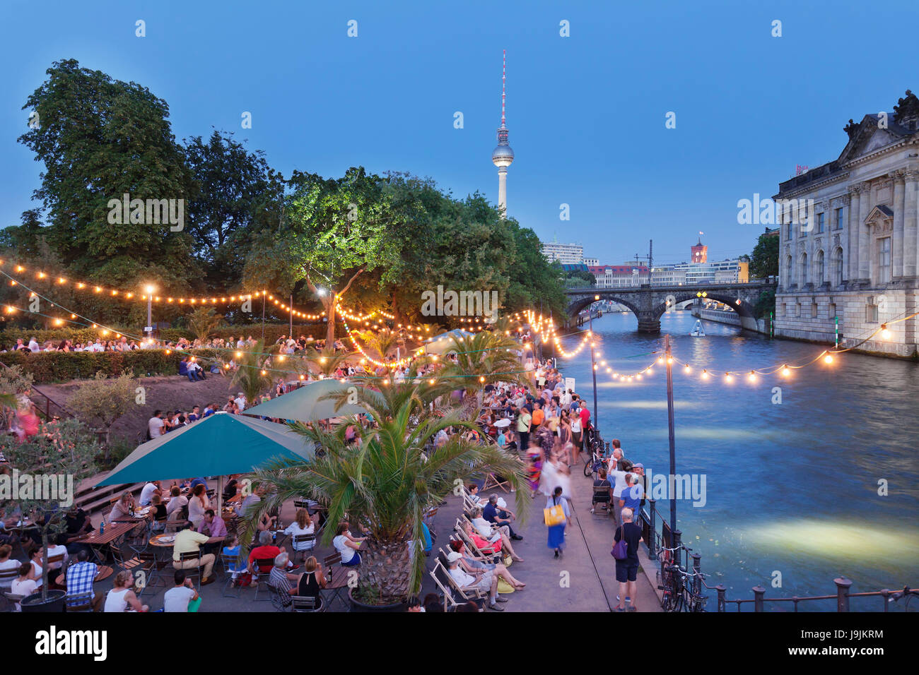 beach bar 'Mitte', Bode Museum, museum island, the Spree, television tower, the Mitte district of Berlin, Berlin, Germany Stock Photo