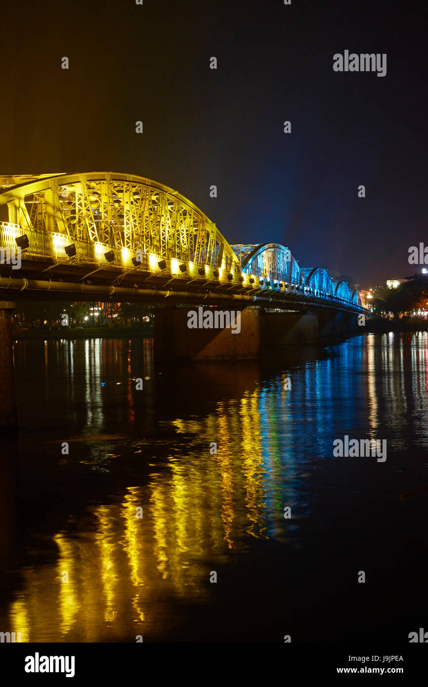 Lights on Trang Tien Bridge across Perfume River, Hue, North Central Coast, Vietnam Stock Photo