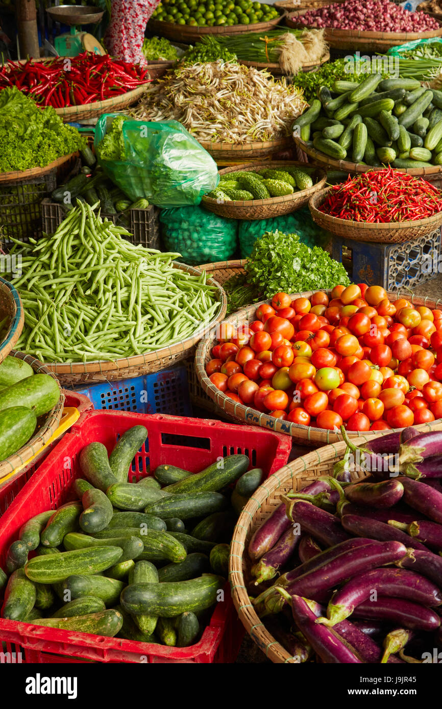 Vegetable stall, Dong Ba Market, Hue, Thua Thien-Hue Province, North Central Coast, Vietnam Stock Photo