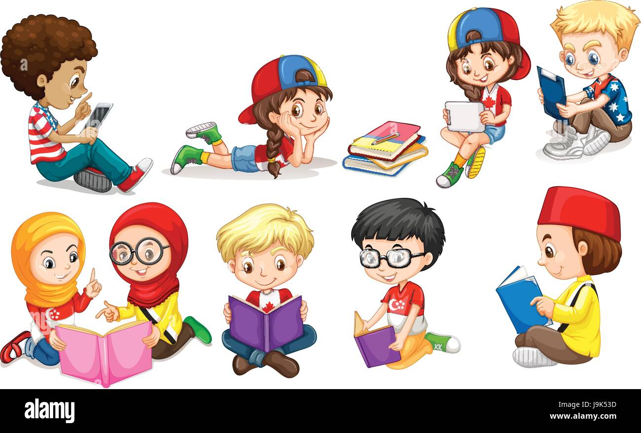 Boys and girls reading books illustration Stock Vector Image & Art - Alamy