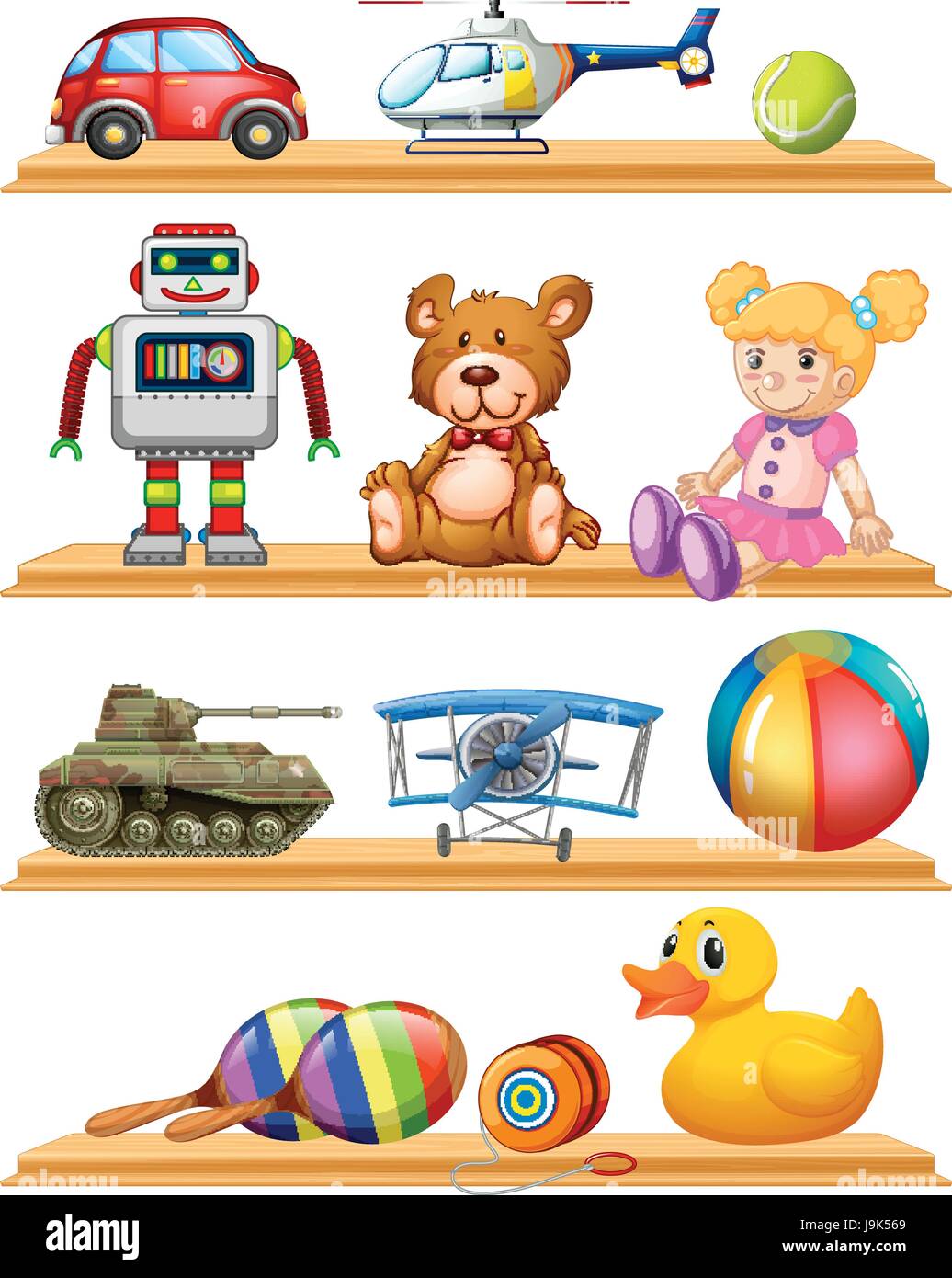 Different toys on wooden shelves illustration Stock Vector Image & Art