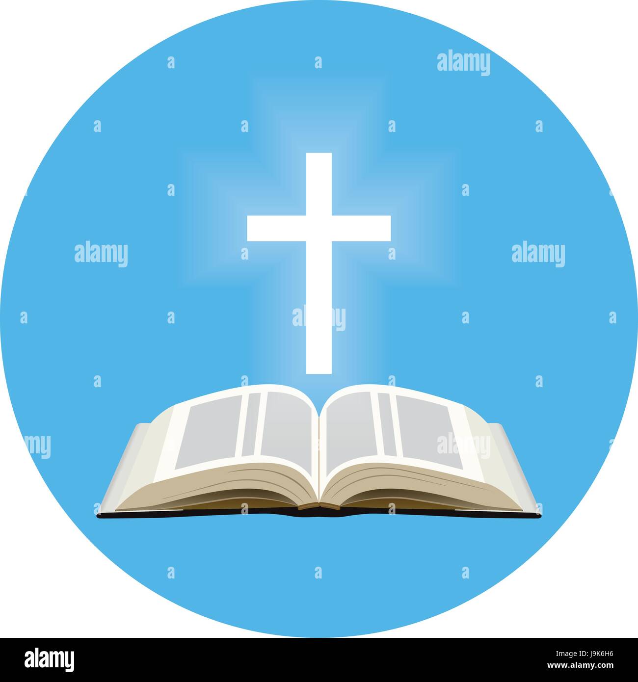 Bible and shining cross concept. Icon in blue circle on white Stock