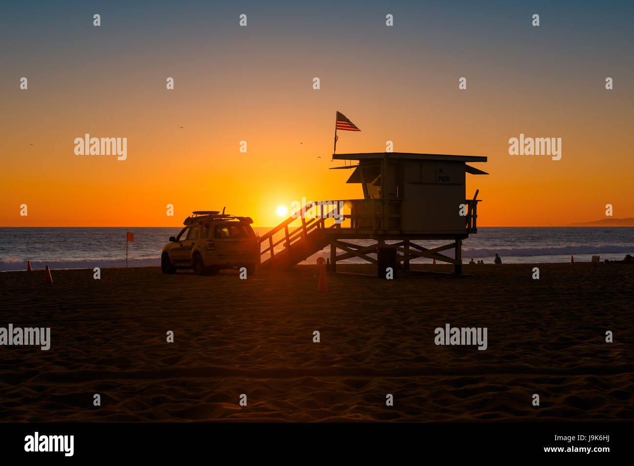 Sunset at Lifeguard tower in Santa Monica, California Stock Photo