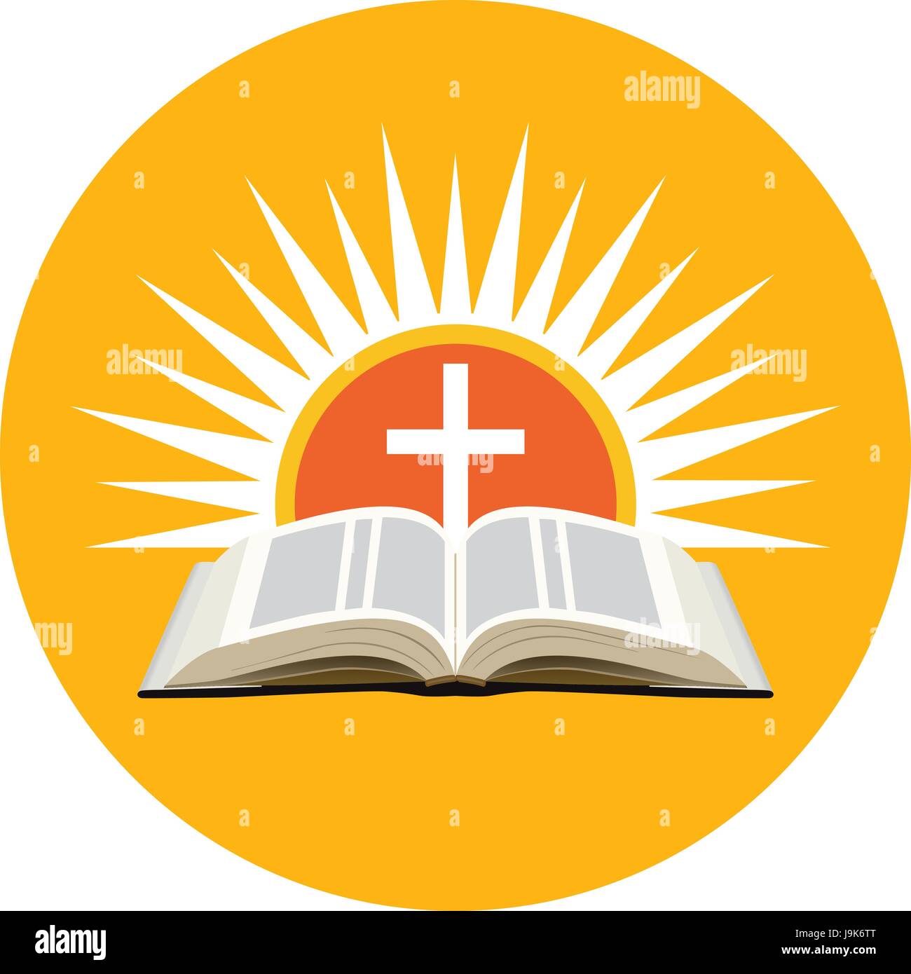 Bible, sunset and cross. Church logo concept. Icon in orange circle on