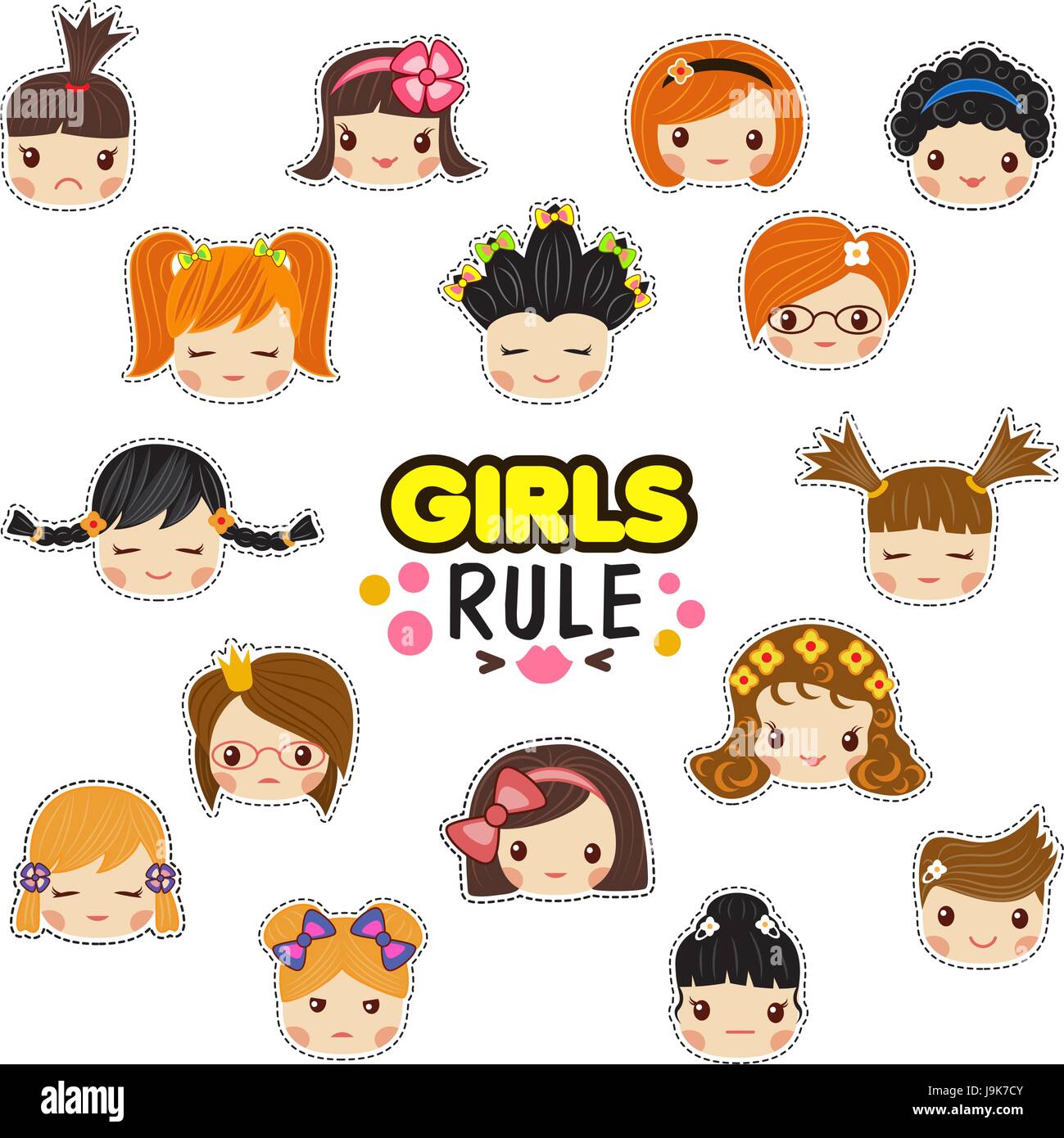 The set of vector illustrations of kids faces with the girls rule text. Child  hair style with different emotions. Cute stickers, patch for print Stock  Vector Image & Art - Alamy