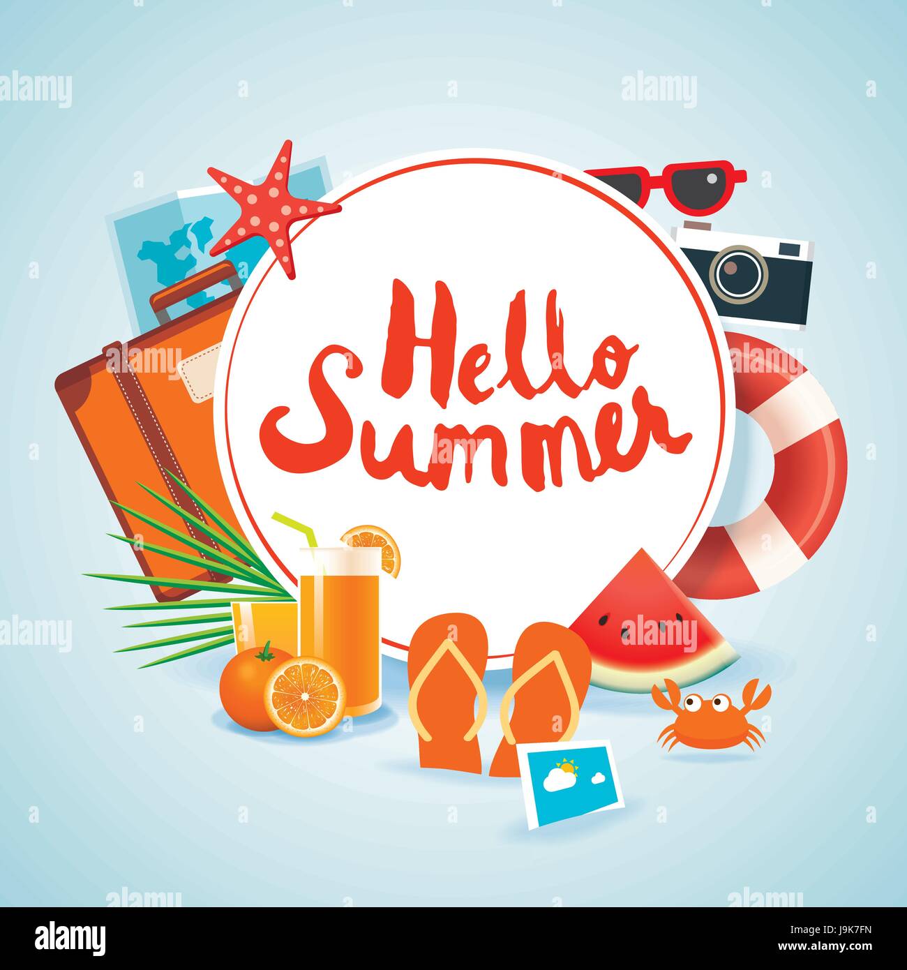 Summer time vector template design. It's summer time text in circle shape  space template with floating tropical season objects for holiday season  messages. Vector illustration. Stock Vector