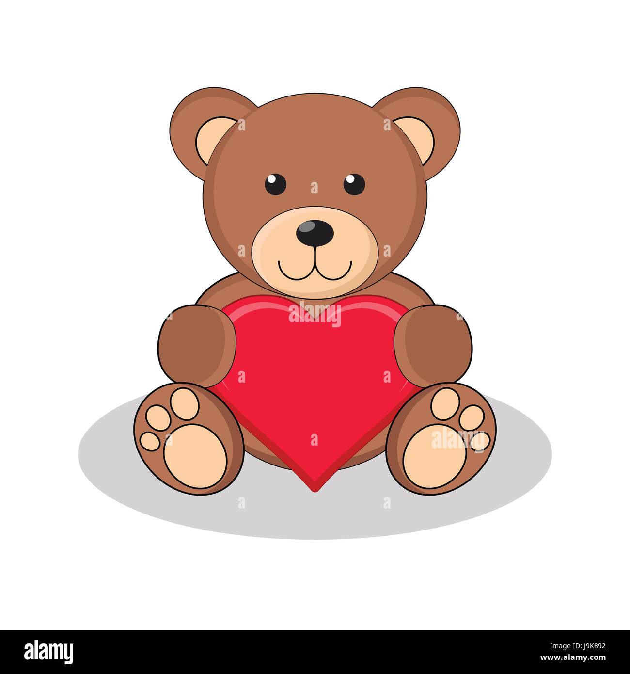 Cute brown teddy bear holding red heart. Vector