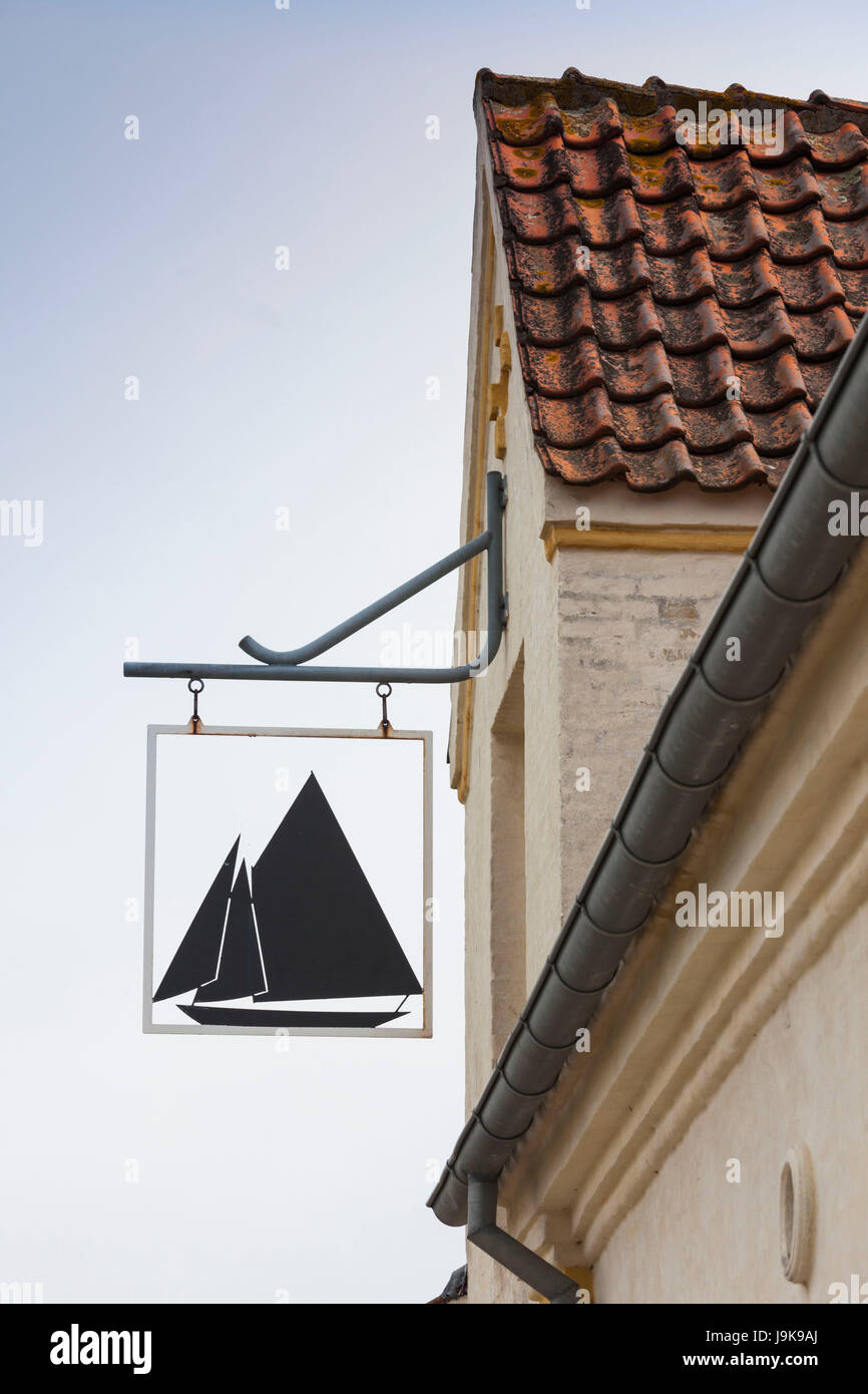 Denmark, Tasinge, Valdemars Slot Castle, sign with sailboat Stock Photo