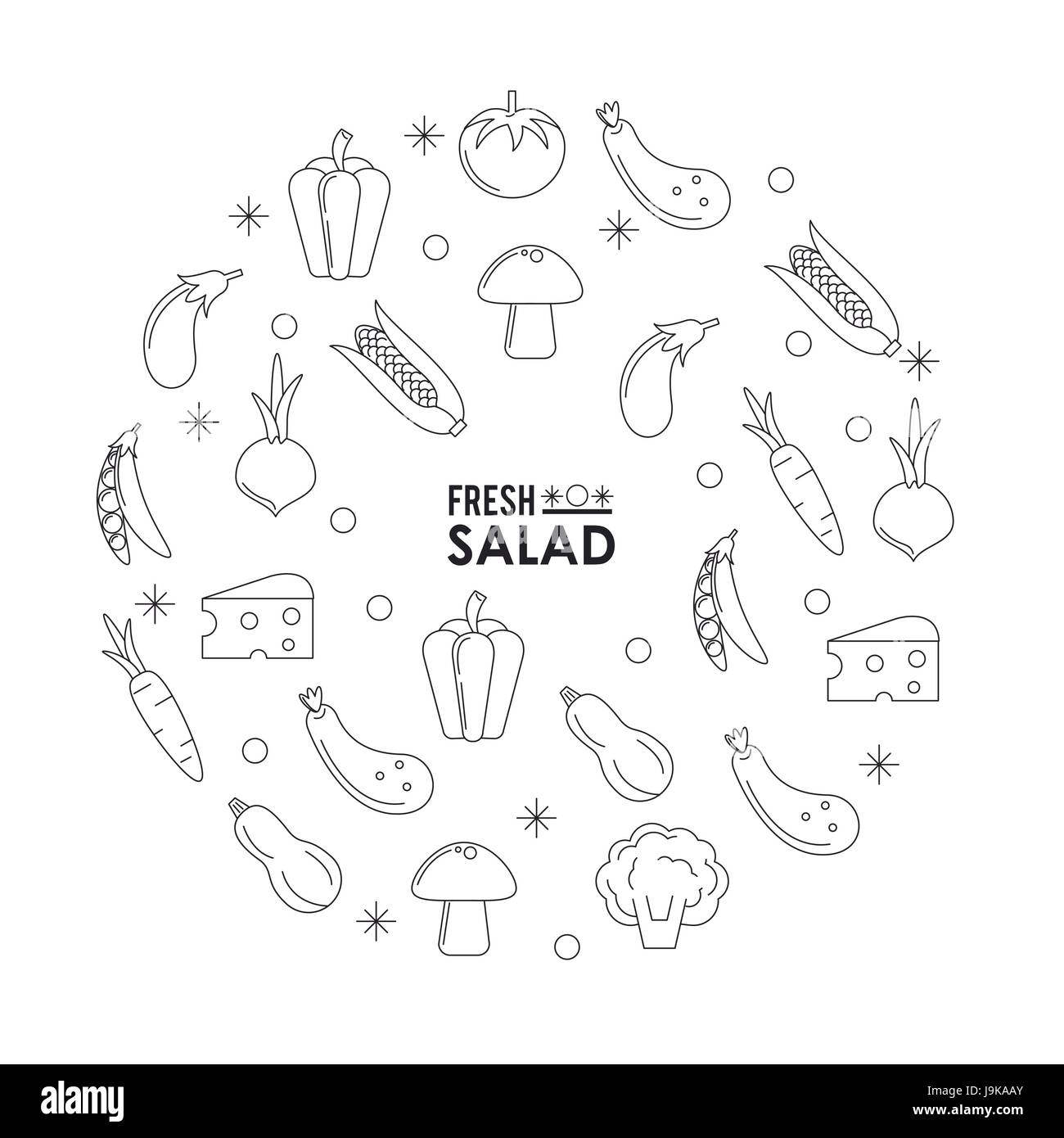monochrome silhouette poster of fresh salad with vegetables and mushroom and cheese Stock Vector