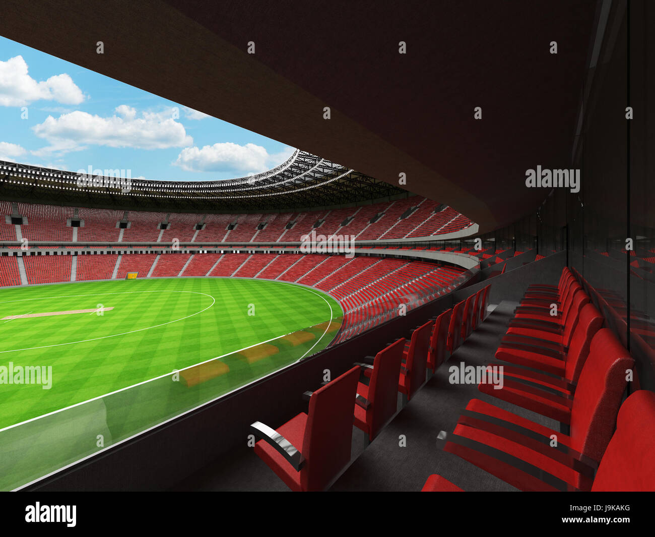 3D render of a beautiful modern round cricket stadium with red seats and VIP boxes for hundred thousand people Stock Photo