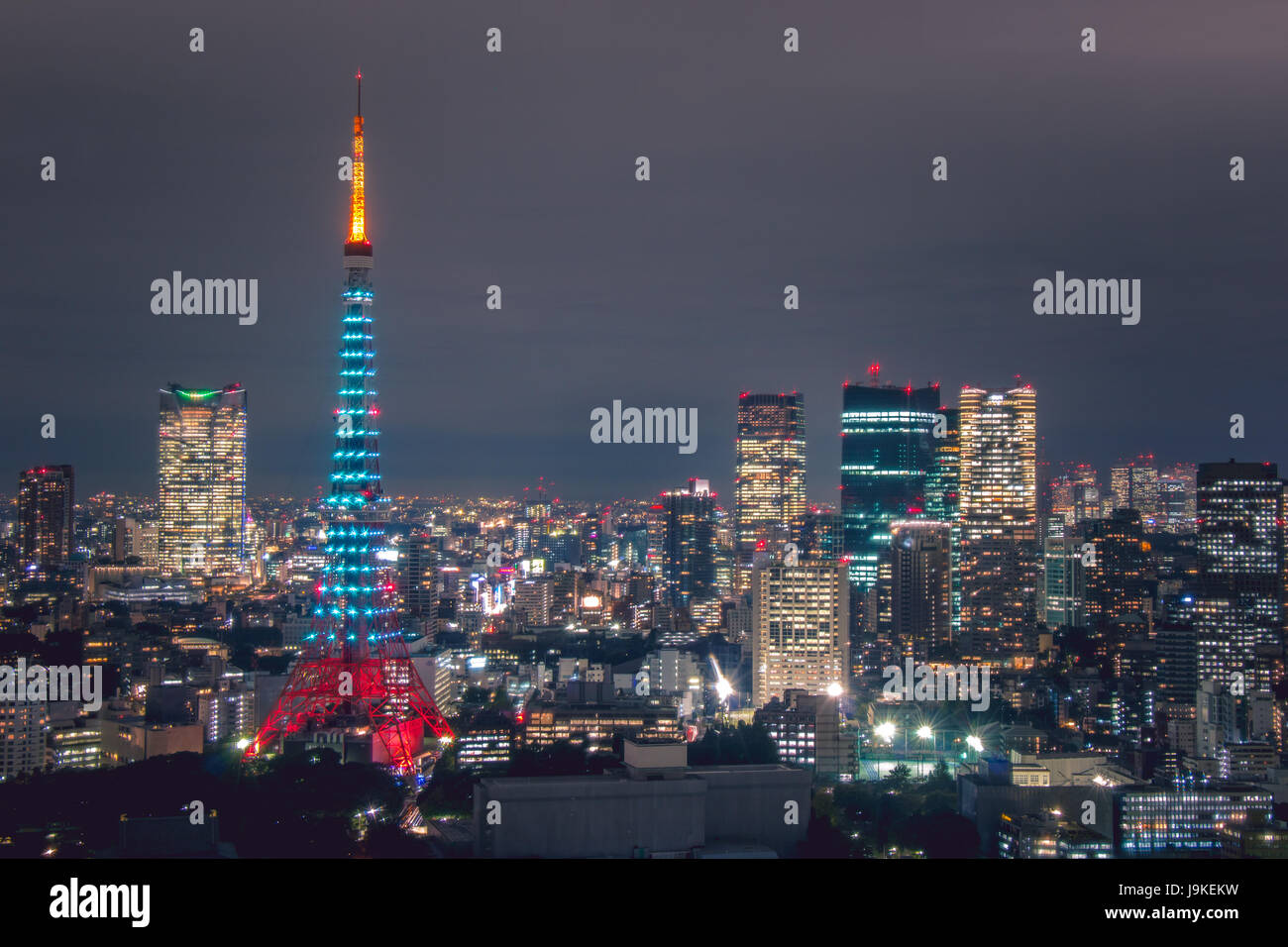 Tokyo tower in blue light, Diamond Veil, special change into 7 different colors on Saturday, Tokyo, Japan. Stock Photo