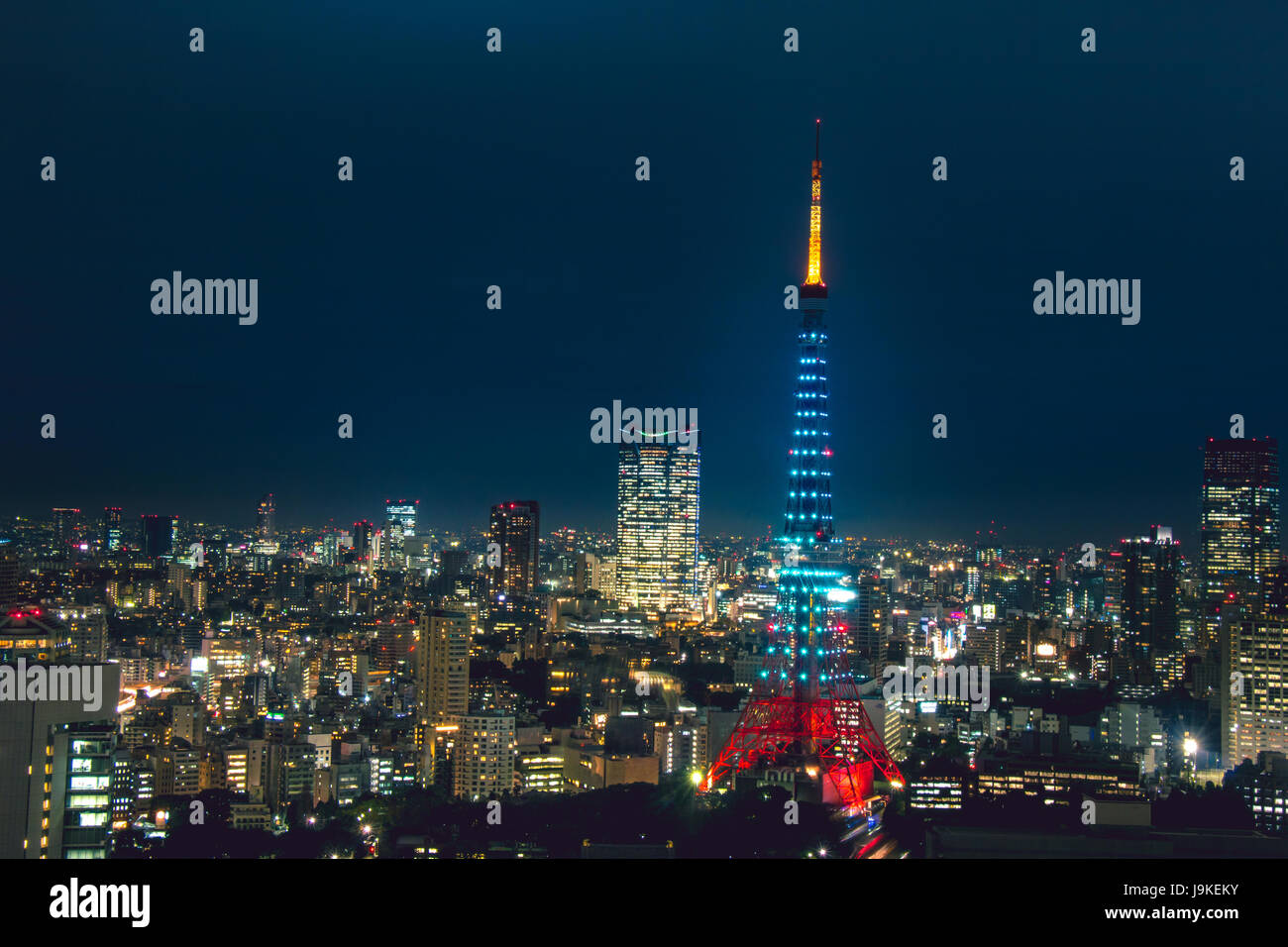 Tokyo tower in blue light, Diamond Veil, special change into 7 different colors on Saturday, Tokyo, Japan. Stock Photo