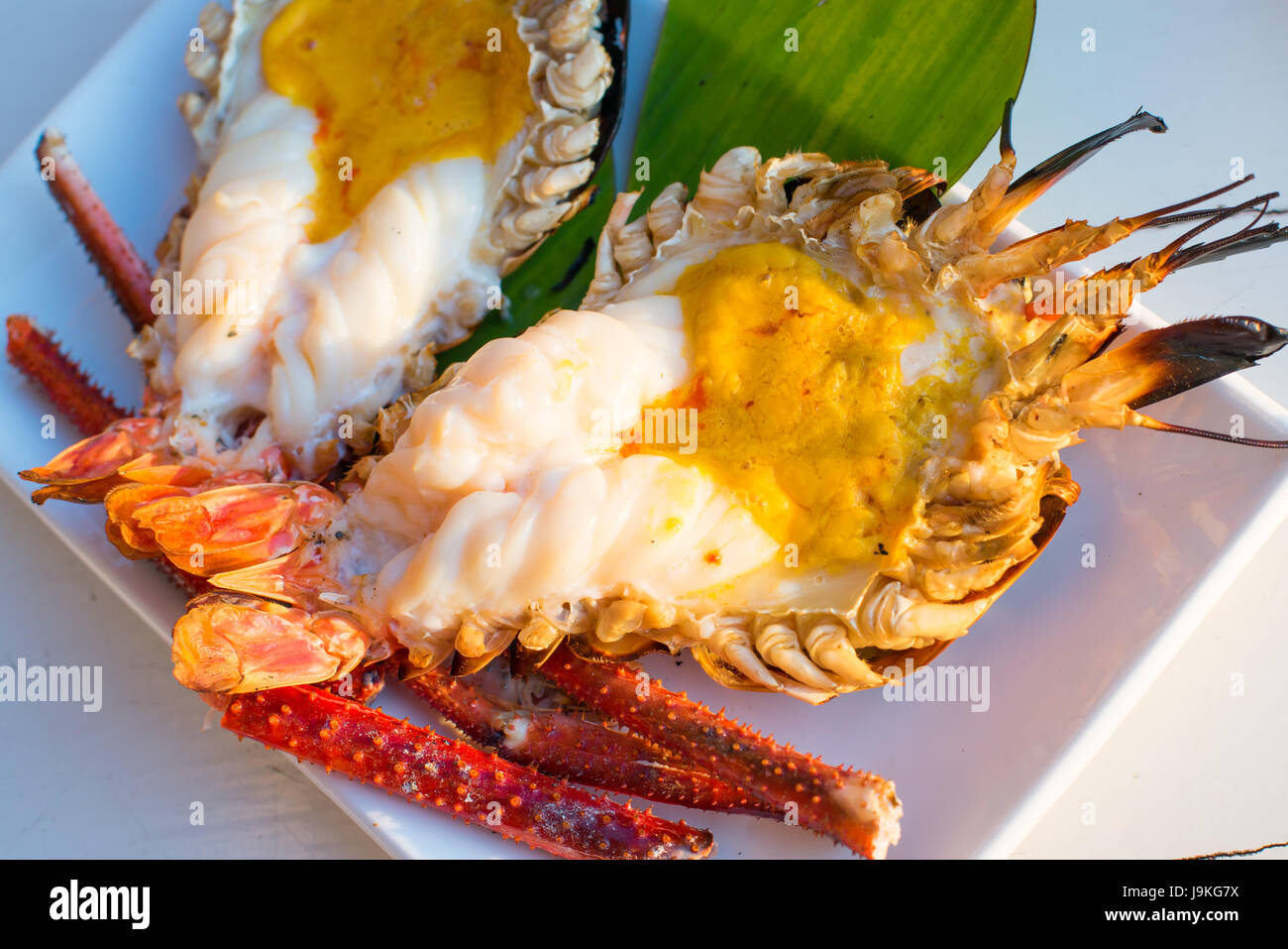 grilled river giant prawn with spicy seafood sauce inwhite disk. Stock Photo