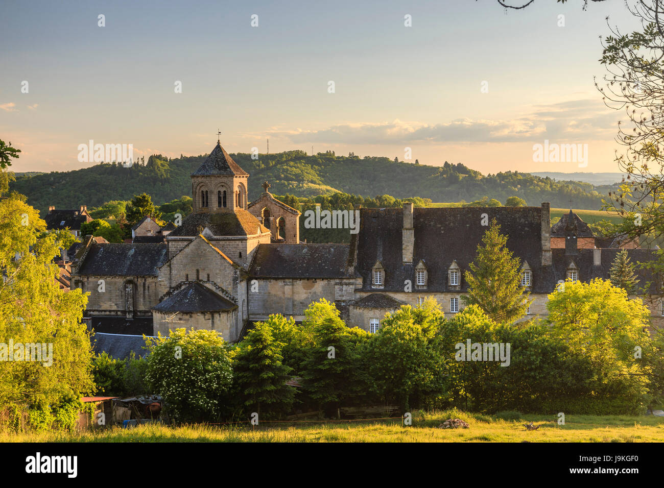 France, Correze, Aubazine, the village and the abbey in the evening Stock Photo