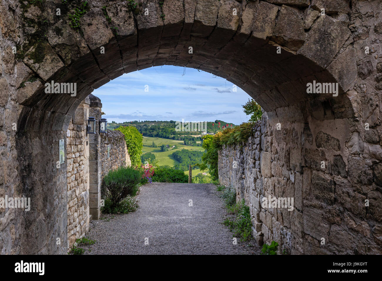 France, Correze, Saint Robert, labelled Les Plus Beaux Villages de France (The Most beautiful Villages of France), fortified gate and countryside view Stock Photo