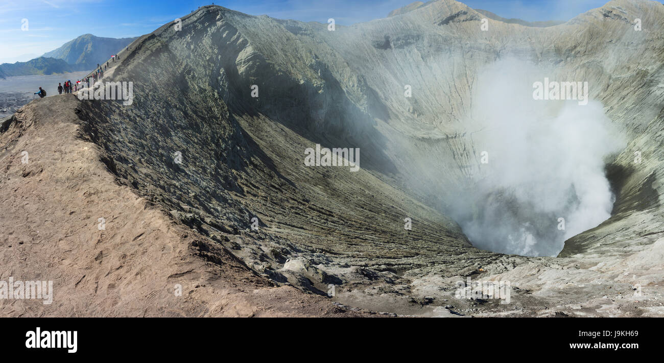 Panorama bromo vocalno crater with gas smoke, East Java, Indonesia Stock Photo