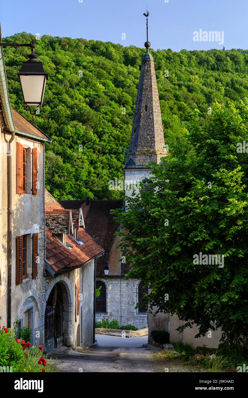France, Doubs, Lods, labelled Les Plus Beaux Villages de France (The Most beautiful Villages of France), street and Saint Theodule  church Stock Photo