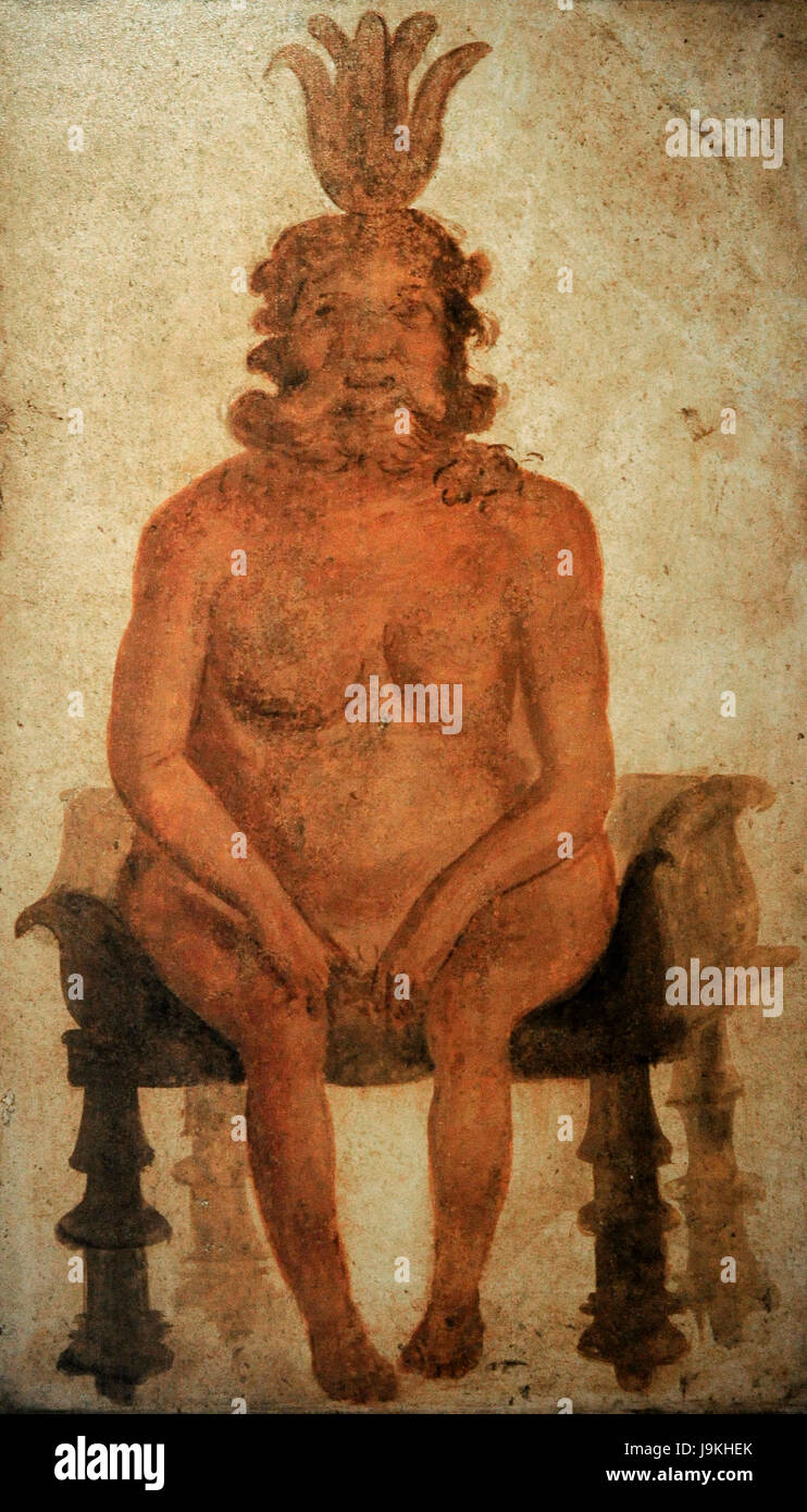 Roman Fresco. Egyptian god Bes, protector of women and children. North wall of Sacrarium, Temple of Isis. Pompeii, Italy. National Archaeological Museum. Naples. Italy. Stock Photo