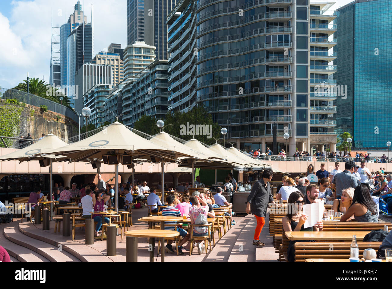Waterside cafe restaurants on promenade leading to the Opera house in Sydney, NSW, Australia. Stock Photo