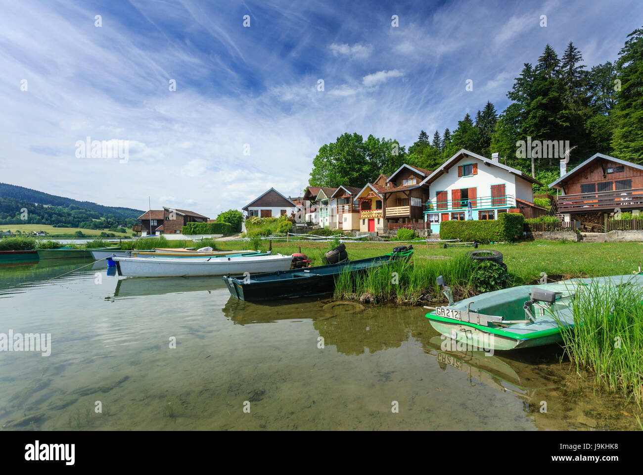 France, Doubs, Jura Mountains, Les Grangettes, Saint-Point lake, and the small houses of Port Titi Stock Photo
