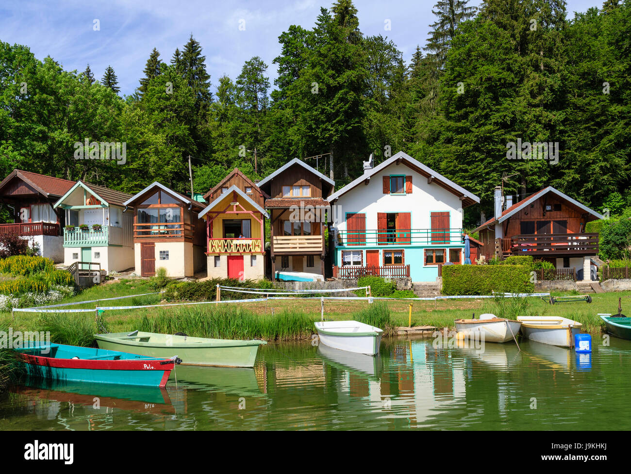France, Doubs, Jura Mountains, Les Grangettes, Saint-Point lake, and the small houses of Port Titi Stock Photo