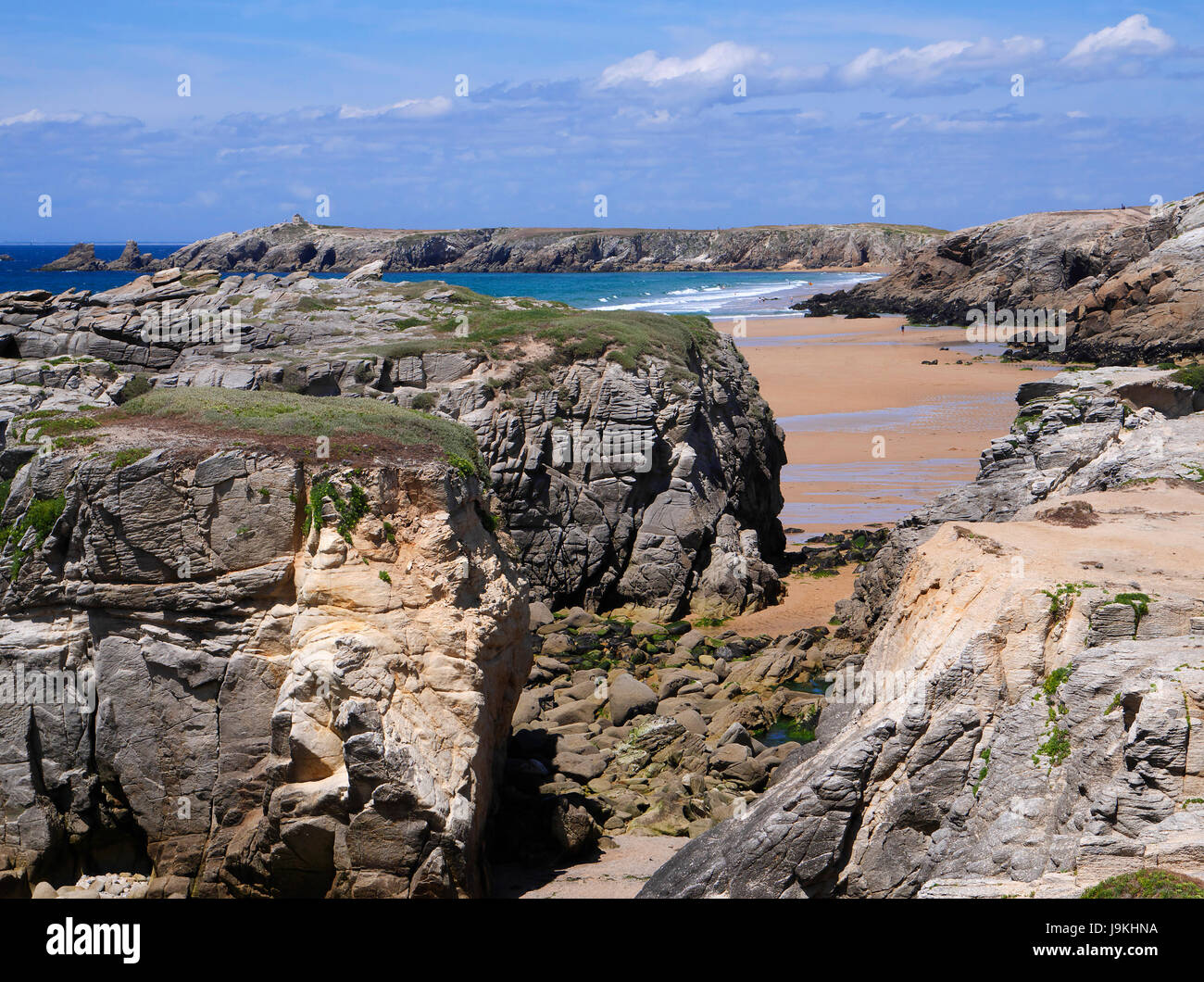 Wild coast, Port Bara, eroded cliff,Quiberon peninsula (Morbihan, Brittany, France). Stock Photo
