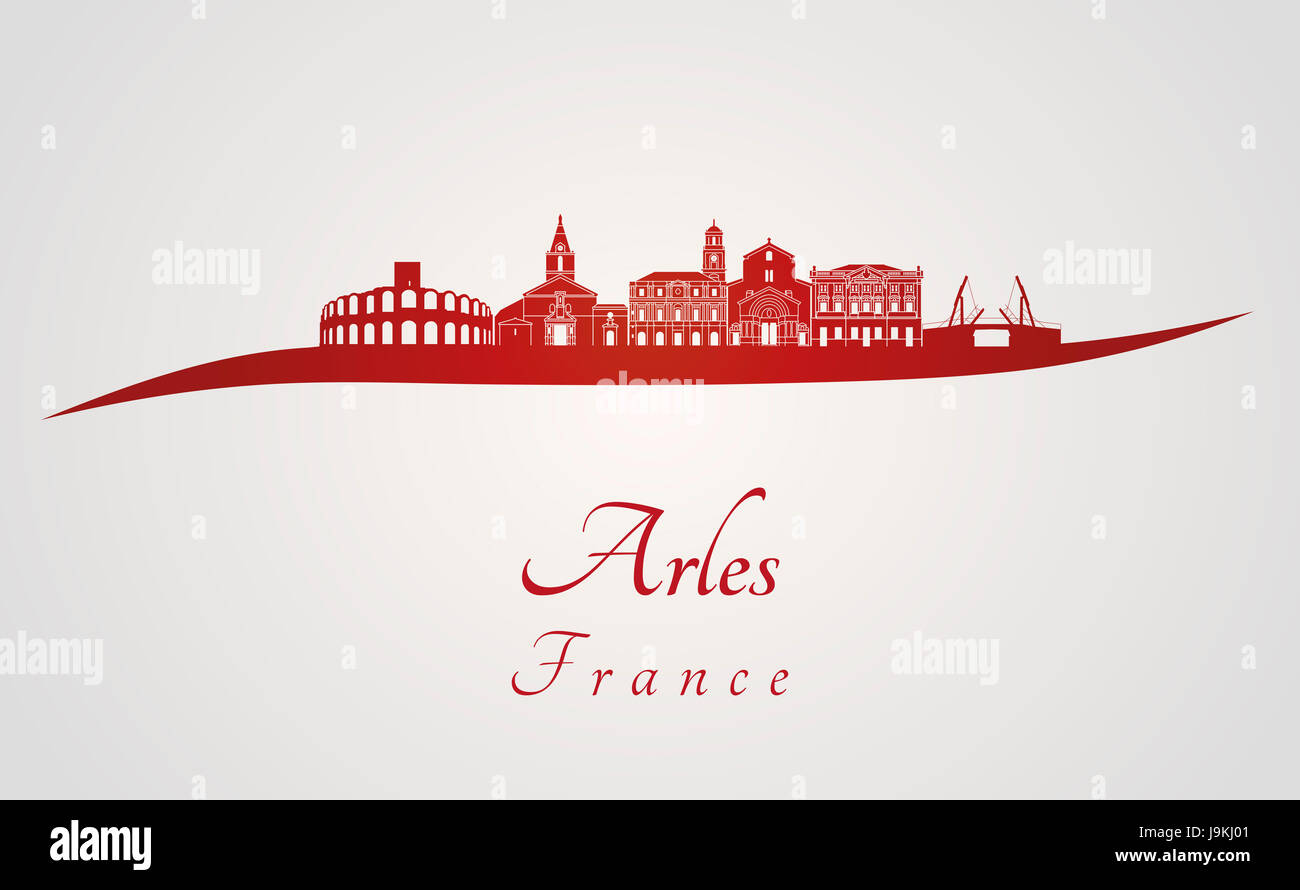 Arles skyline in red and gray background in editable vector file Stock Photo