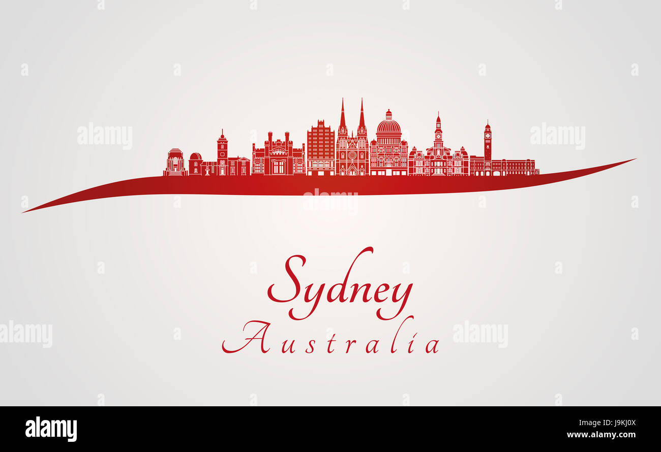 Sydney skyline in red and gray background in editable vector file Stock Photo