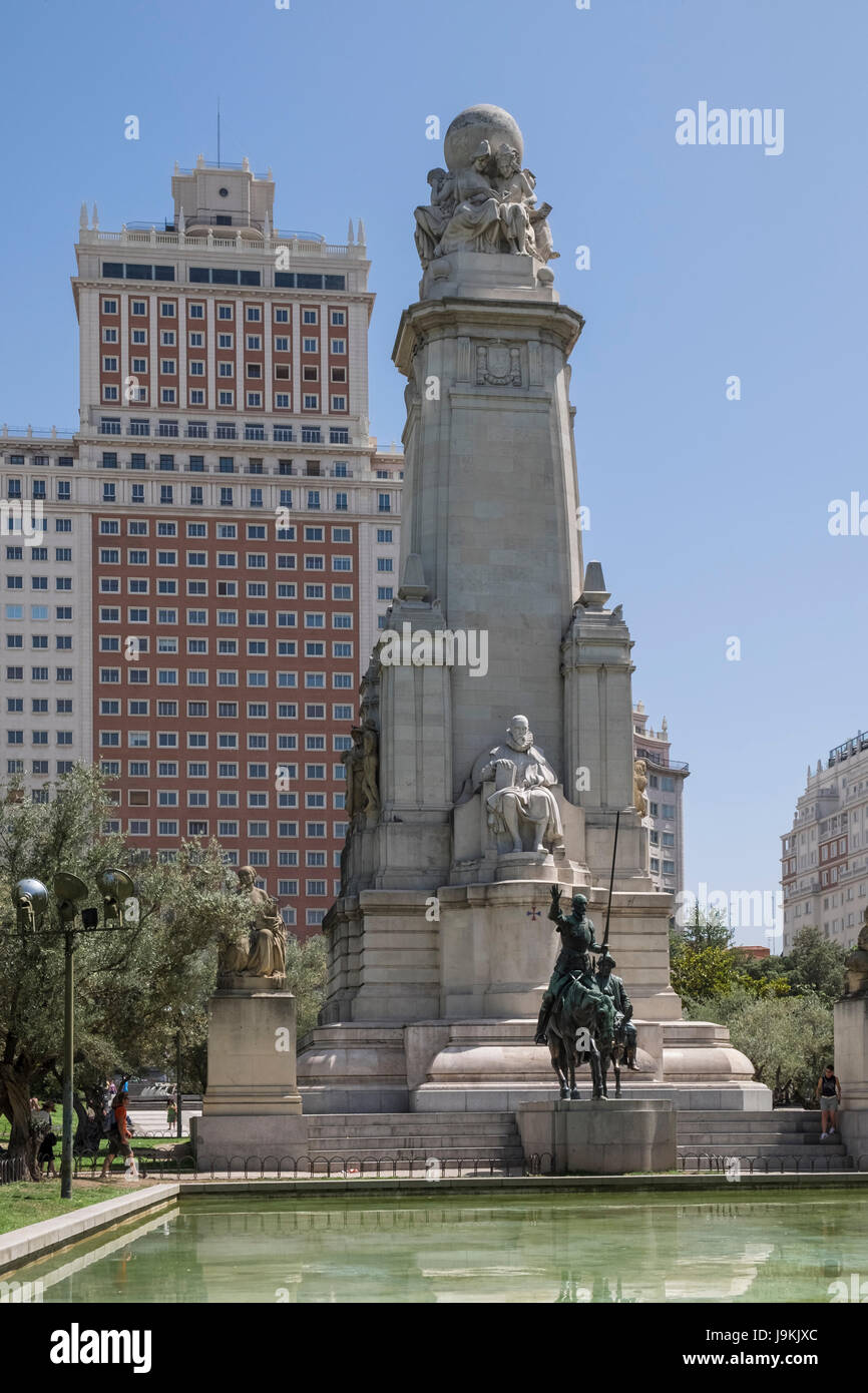 Plaza De Espana (Spain Square), with monument to Miguel de Cervantes Saavedra, Madrid, Spain Stock Photo