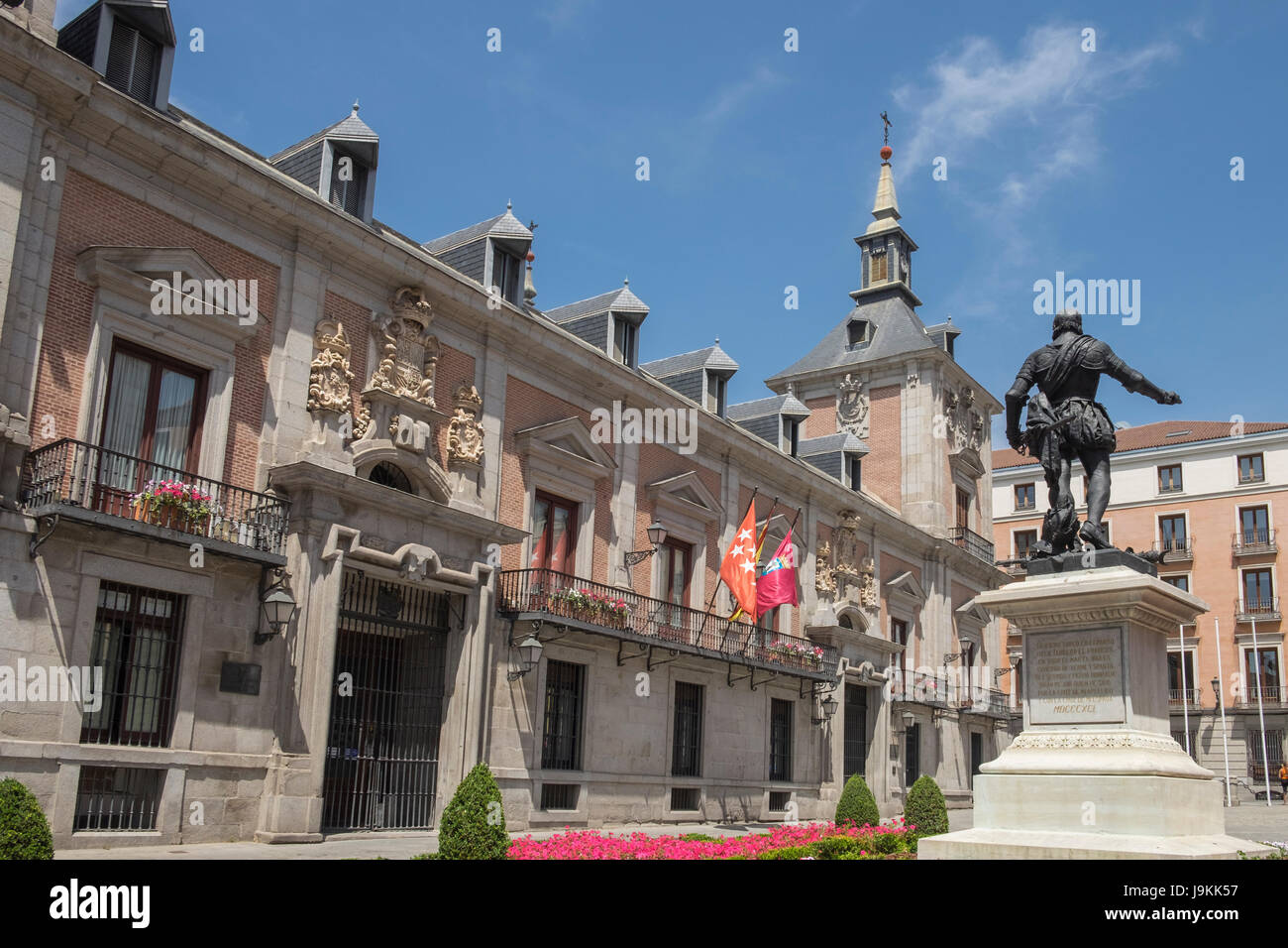 Casa de la Villa, former Town Hall of Madrid, Plaza De La Villa, Madrid, Spain. The square contains a statue of former Spanish Admiral Alvaro de Bazan Stock Photo