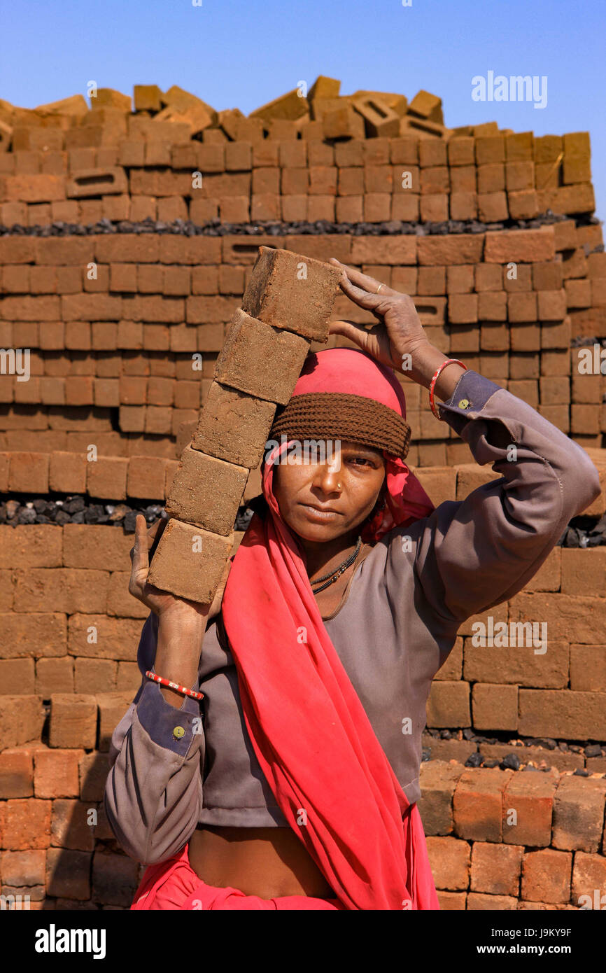 woman carrying bricks, barwani, madhya pradesh, India, Asia Stock Photo