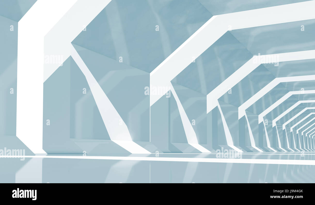 Abstract blue toned cg background with empty shining tunnel interior ...