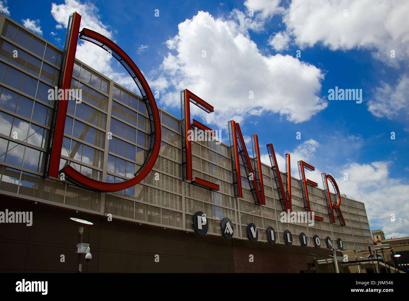 The Massive 'Denver Pavillions' Sign near downtown Denver, Colorado, USA. Stock Photo