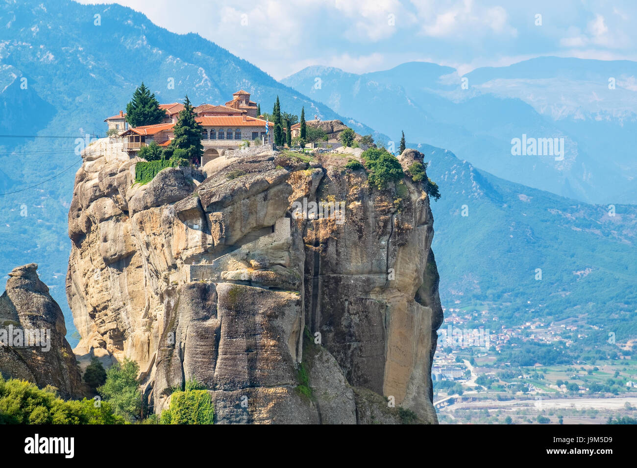 Rock formations of the Meteora with Monastery of  Holy Trinity (Agia Triada). Meteora, Plain of Thessaly, Greece, Europe Stock Photo