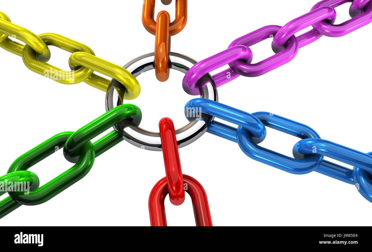 Diversity and inclusion business teamwork cooperation and collaboration concept with linked chains in different colors 3D illustration on white backgr Stock Photo