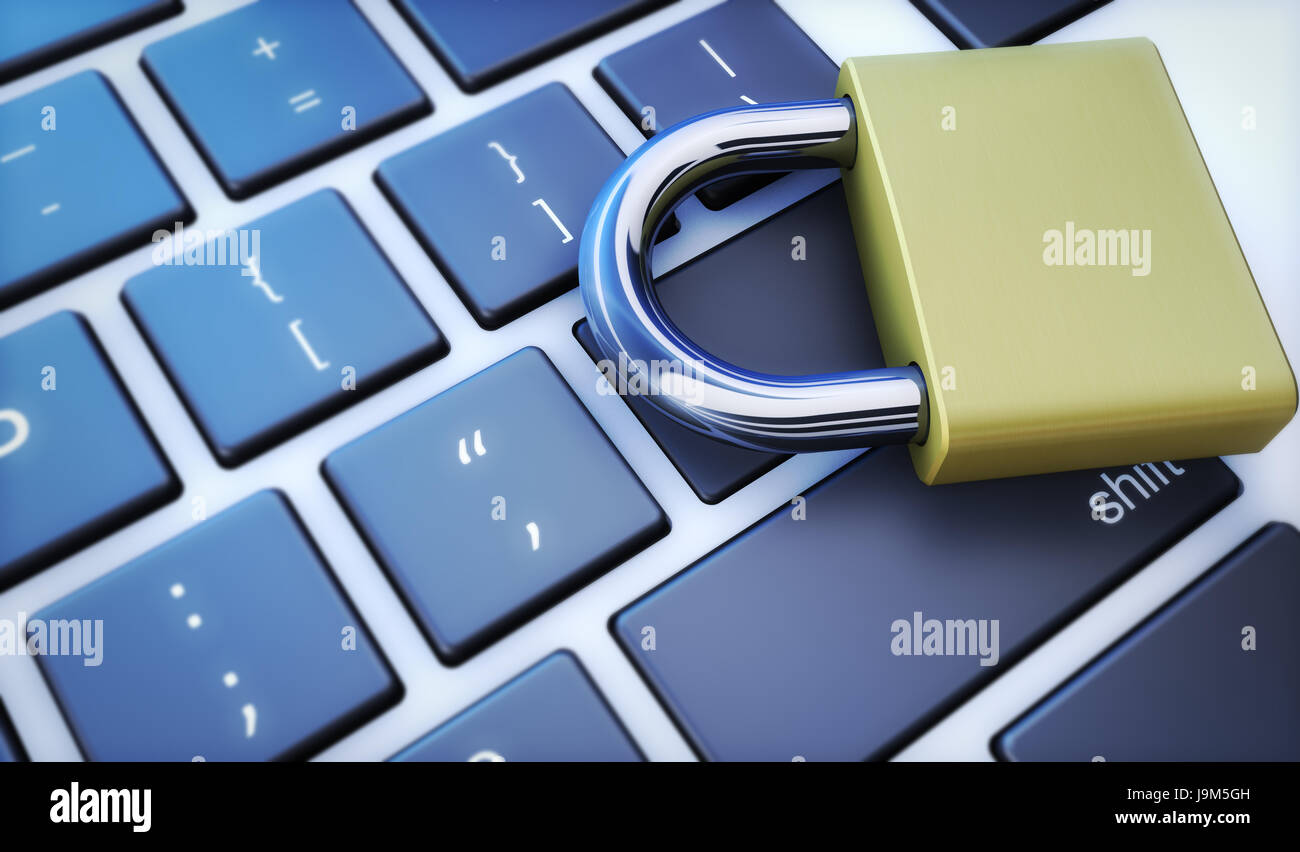 Online digital data and cyber security concept with a closed padlock on a computer keyboard 3D illustration. Stock Photo