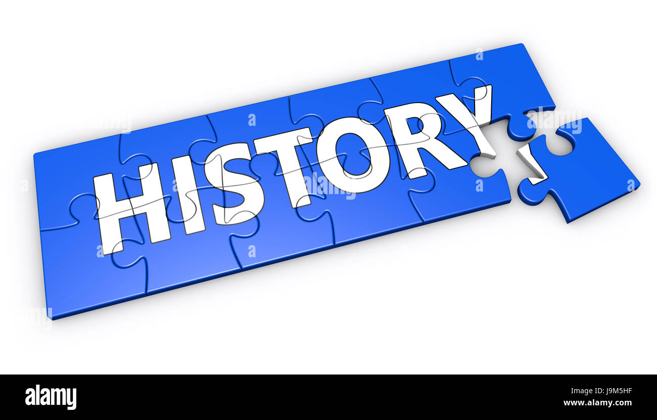 History sign and text on blue jigsaw puzzle 3D illustration on white background. Stock Photo