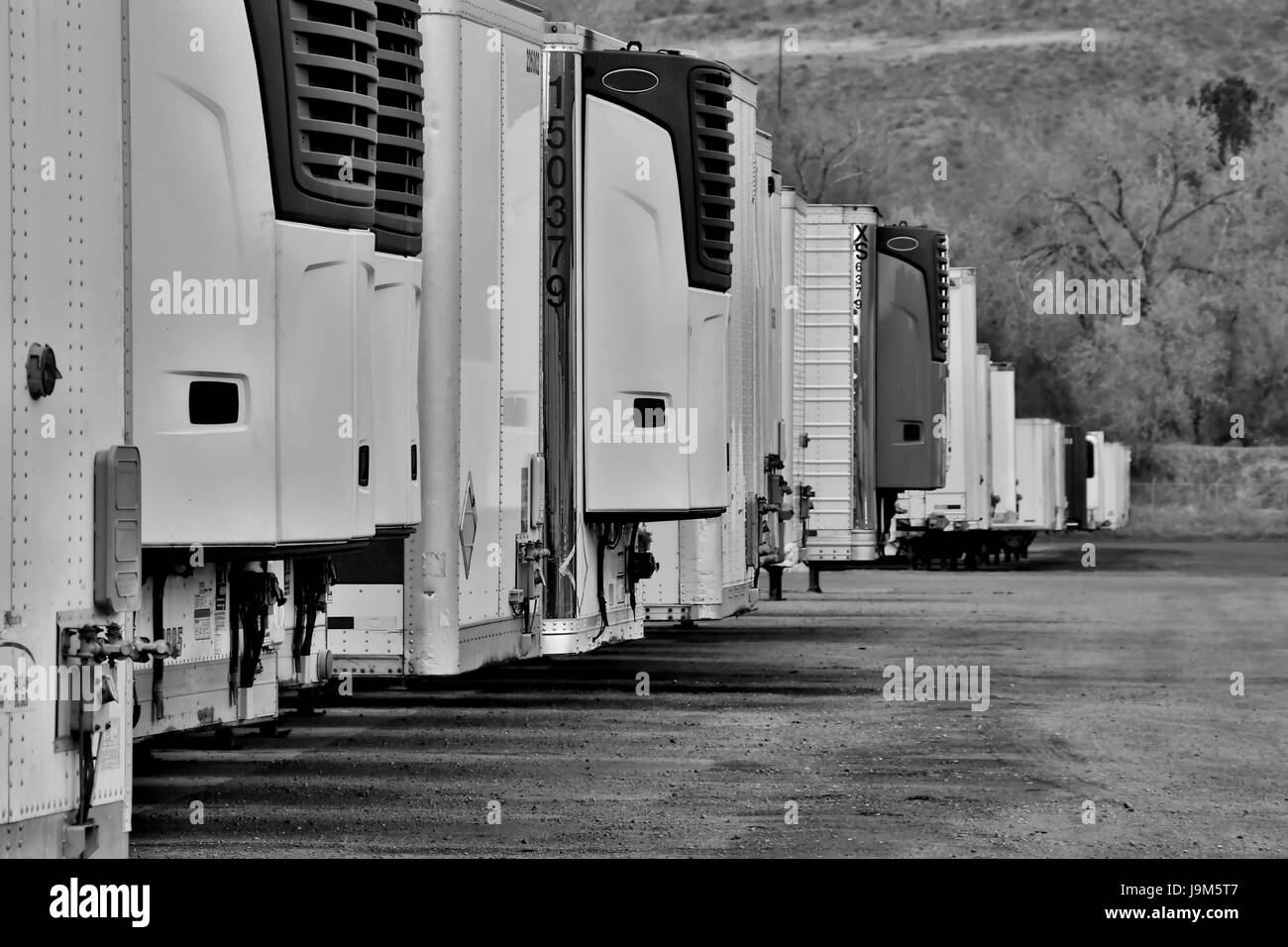 Rows of Semi-Trailers await their assignment in an old dirt drop-lot near Denver, Colorado. All markings and Trademarks Removed. Stock Photo