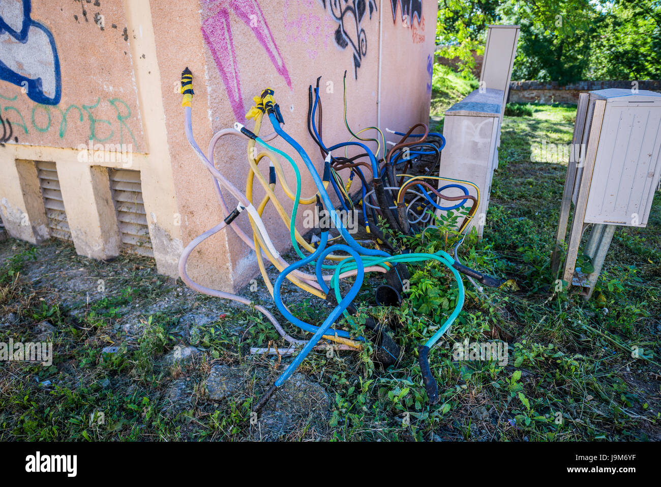 Electric cables in Sibiu city of Transylvania region, Romania Stock Photo