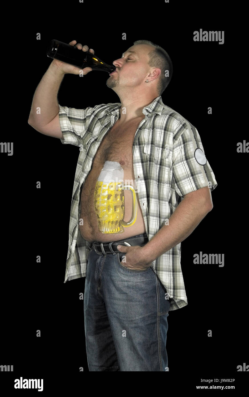 men, man, drink, drinking, bibs, art, beer, shirt, belly, tummy, beer bottle, Stock Photo