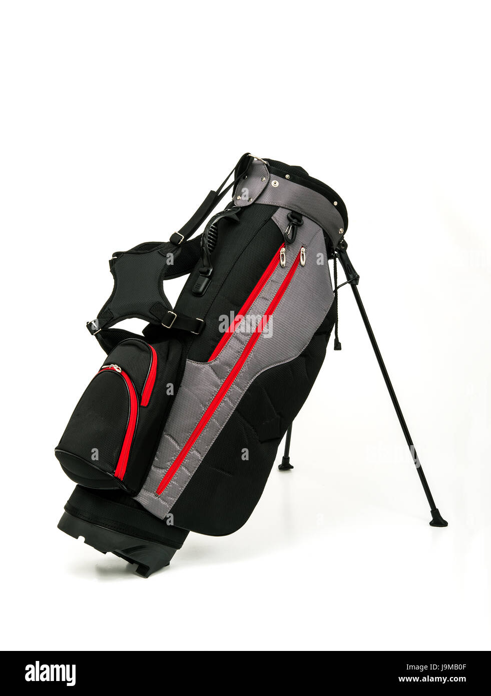 Golf Leather Stand Bag, Black and Gray Color with Red Trimmings on White Background Stock Photo