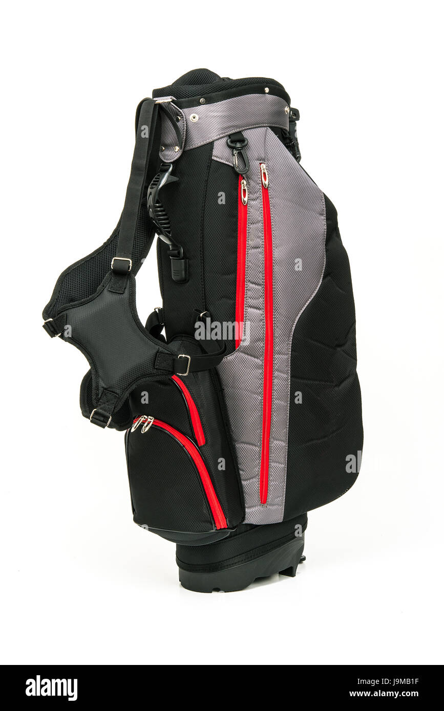 Golf Leather Bag, Black and Gray Color with Red Trimmings on White Background Stock Photo