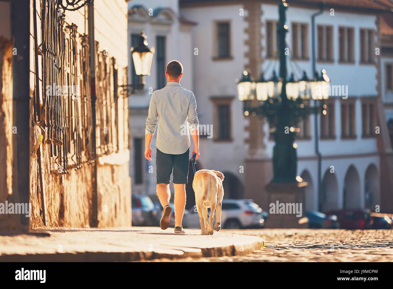 Morning in the city. Young man walking with his dog on the old street at golden sunrise. Prague, Czech Republic Stock Photo