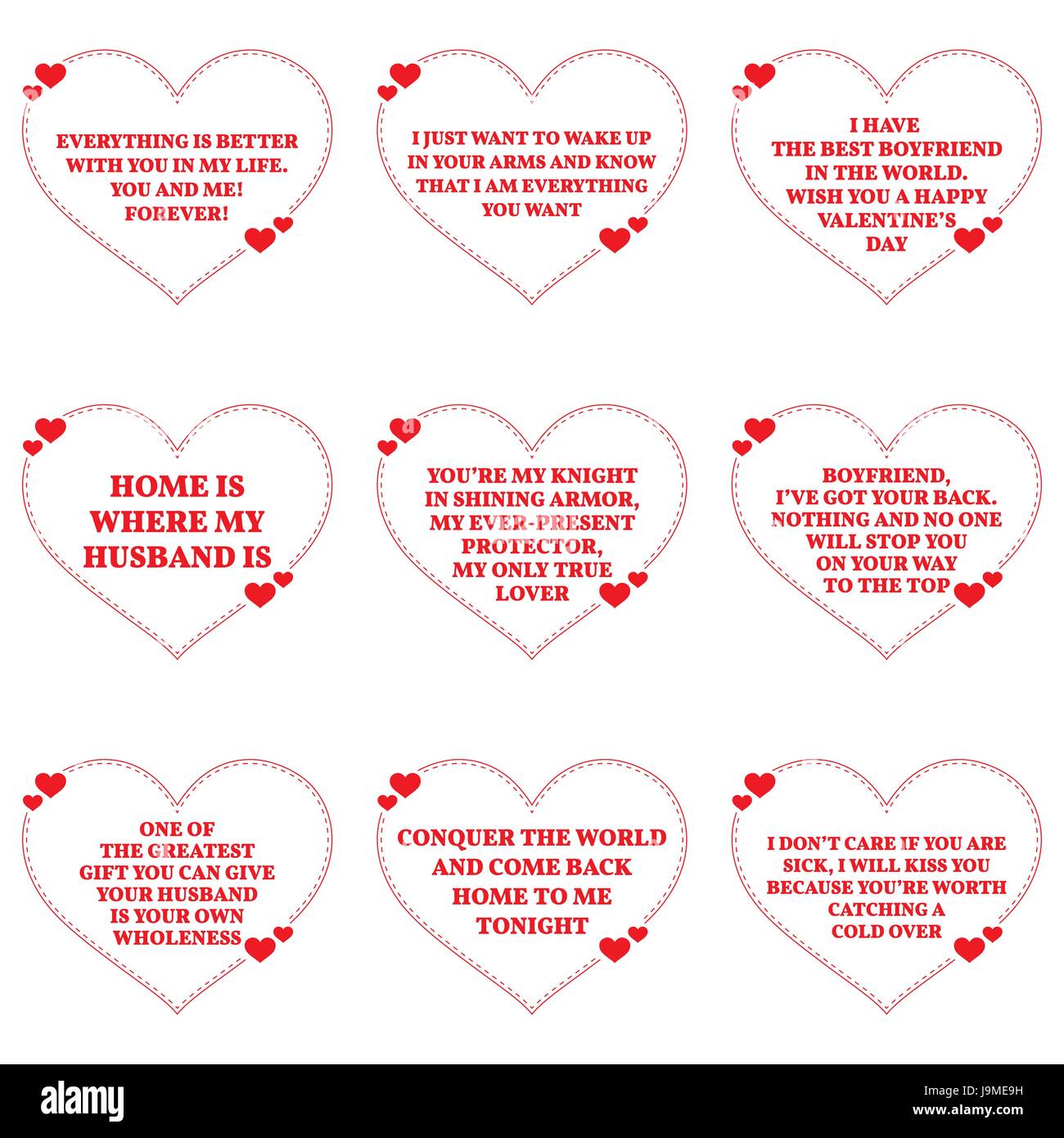 Set of love wishes quotes over white background. Simple heart shape design. Vector illustration