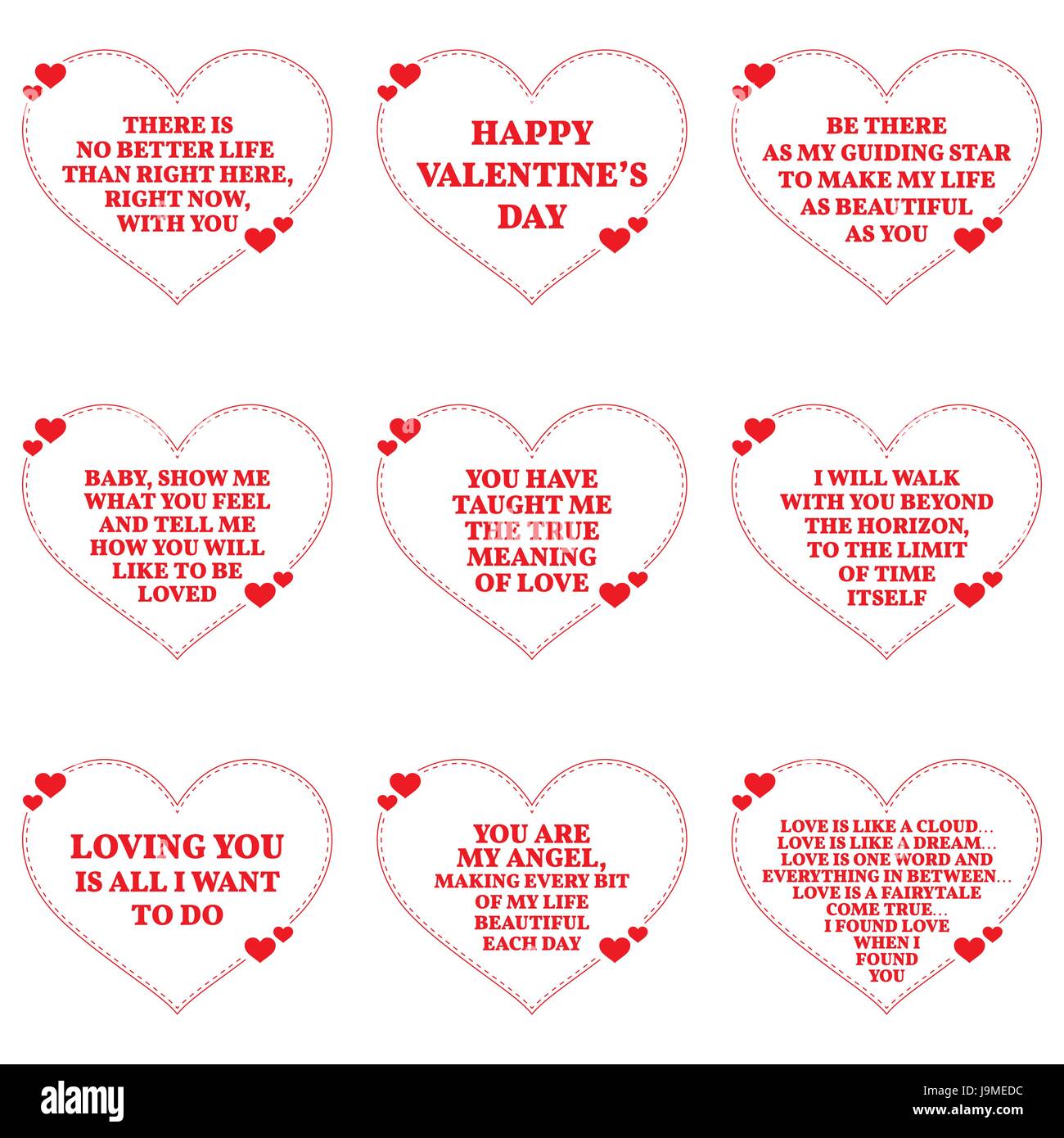 Set of love wishes quotes over white background. Simple heart shape design. Vector illustration